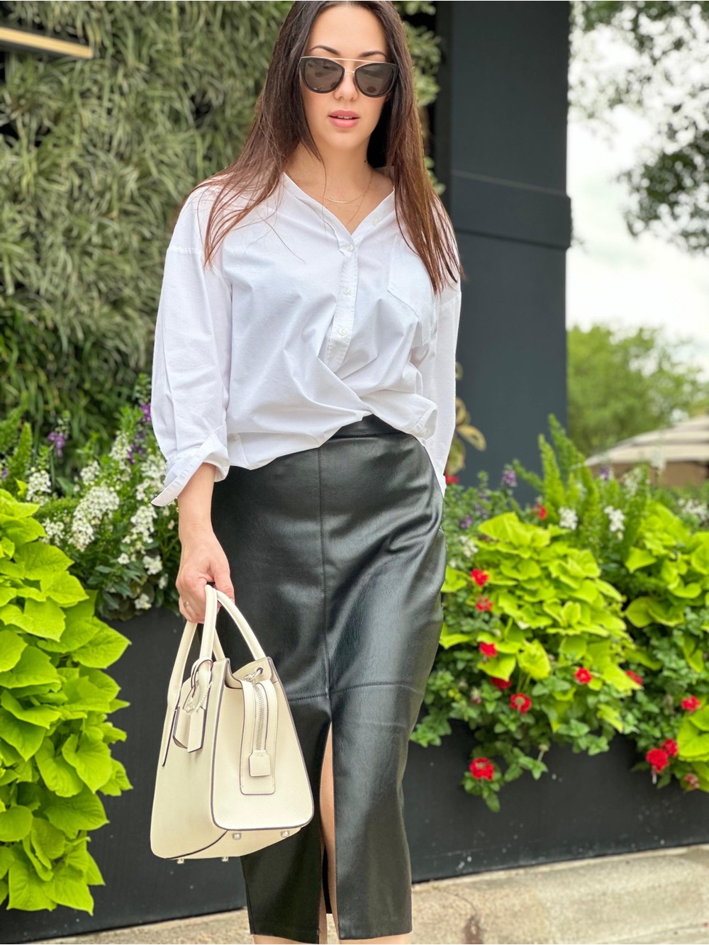 Classic Black Faux Leather Midi Skirt with Front Slit